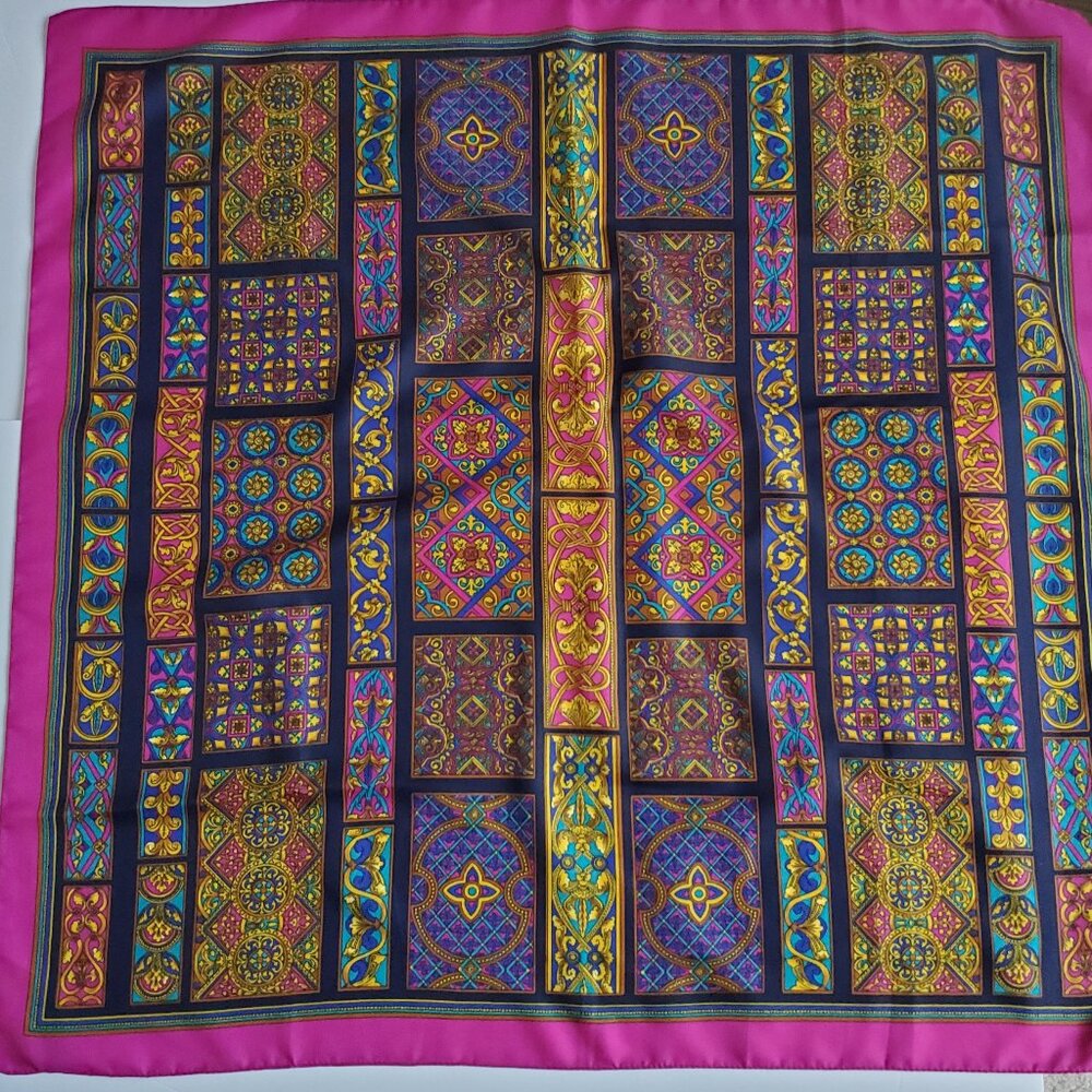 Vintage Brocade Print Scarf Luxe Romantic Patchwork Design Fuscia Trim Square